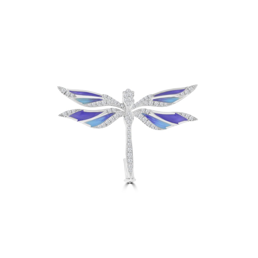 Diamond Enamel Dragonfly Brooch in 18K White Gold