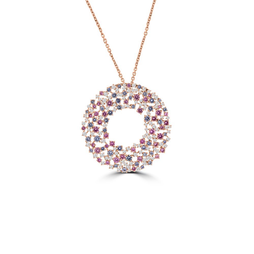 Multi Sapphire Diamond Sprinkle Cluster Open Circle Pendant with Chain