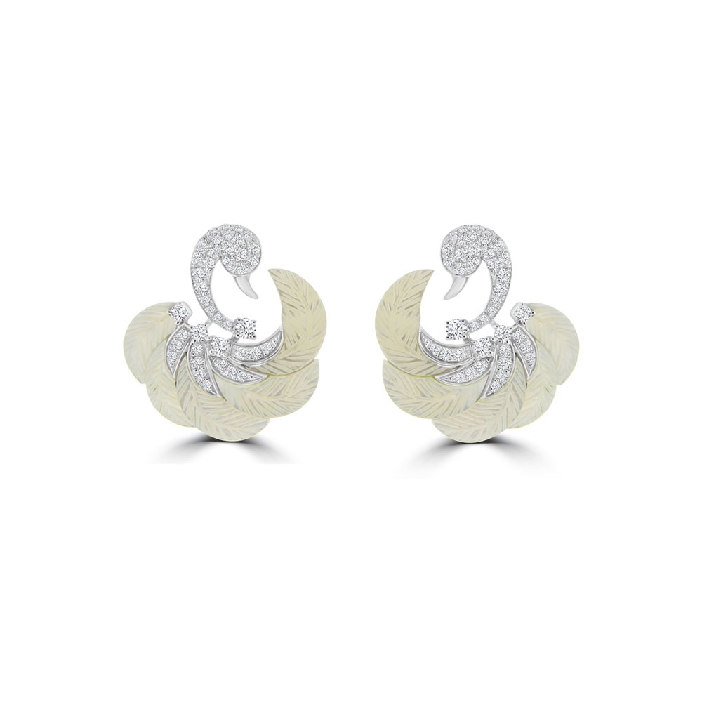 Mother of Pearl Diamond Swan Earrings in 18K White Gold