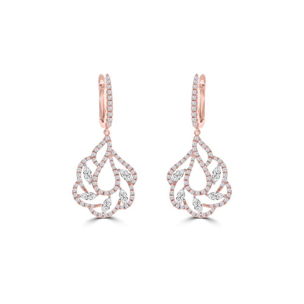 Marquise Diamond Dewdrop Lace Huggie Drop Earrings in 18K White Gold, 18K Rose Gold