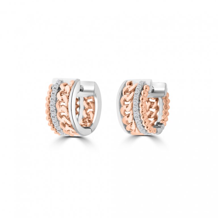 Diamond Curb Chain Huggie Earrings in 18K White Gold, 18K Rose Gold