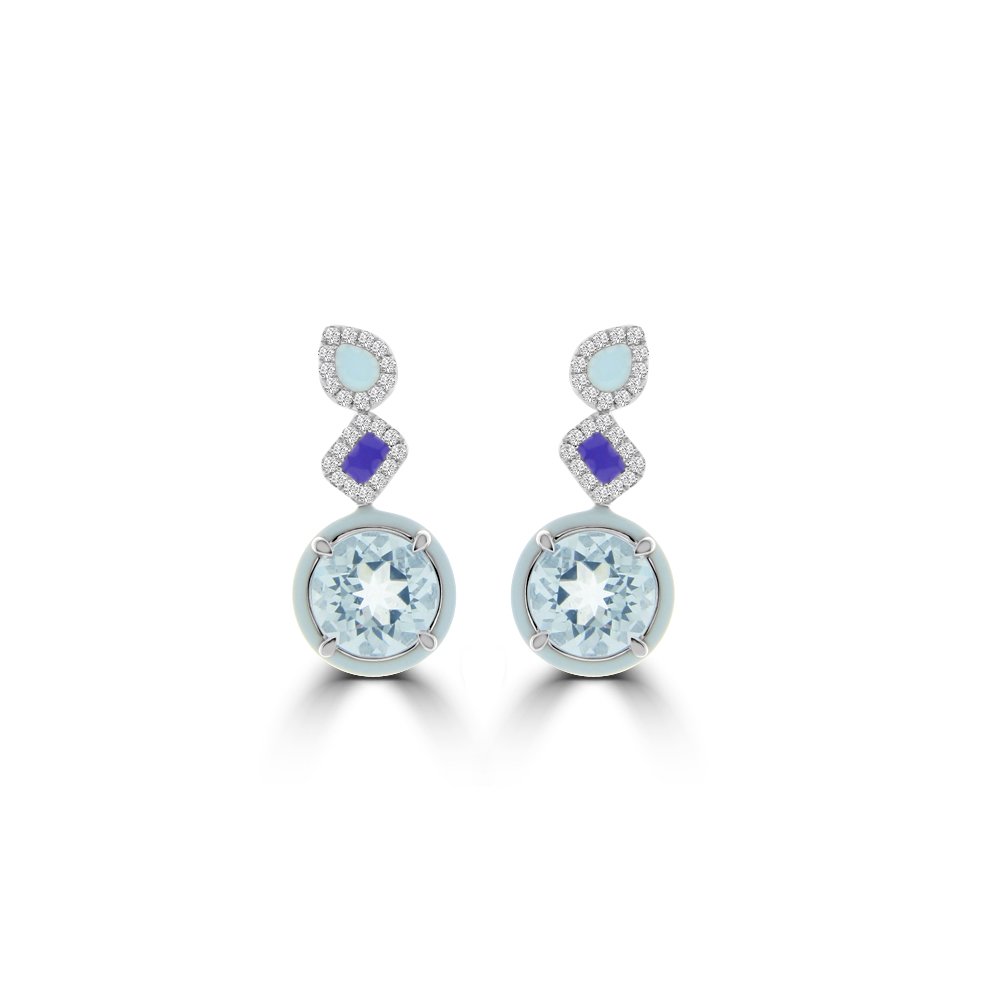 Aquamarine Diamond Enamel Geometric Drop Earrings in 14K White Gold