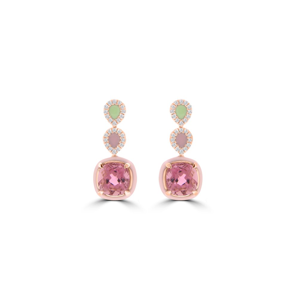 Pink Tourmaline Diamond Enamel Geometric Drop Earrings