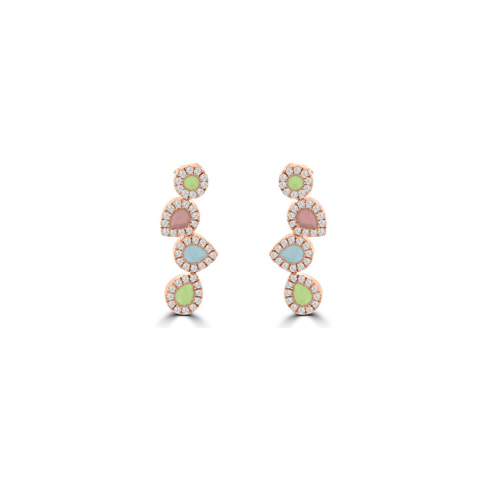 Diamond Enamel Quartet Geometric Drop Earrings in 14K Rose Gold