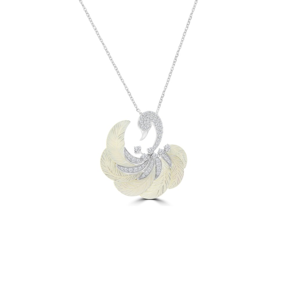 Mother of Pearl Diamond Swan Pendant with Chain in 18K White Gold