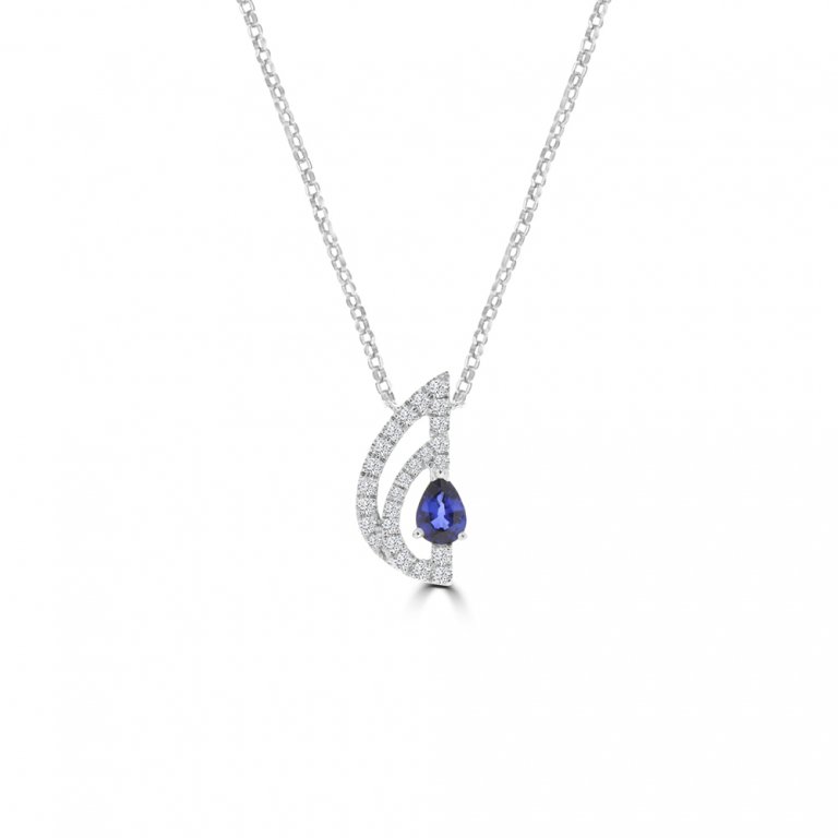 Sapphire Diamond Dewdrop Half Halo Pendant with Chain in 18K White Gold