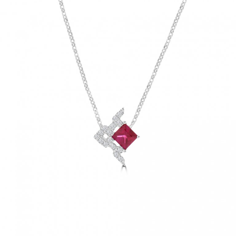 Ruby Diamond Fancy Square Half Halo Pendant with Chain in 18K White Gold