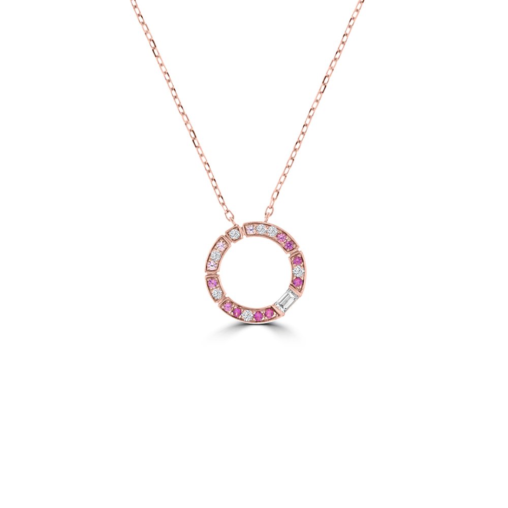 Pink Sapphire Diamond Open Circle Pendant with Chain