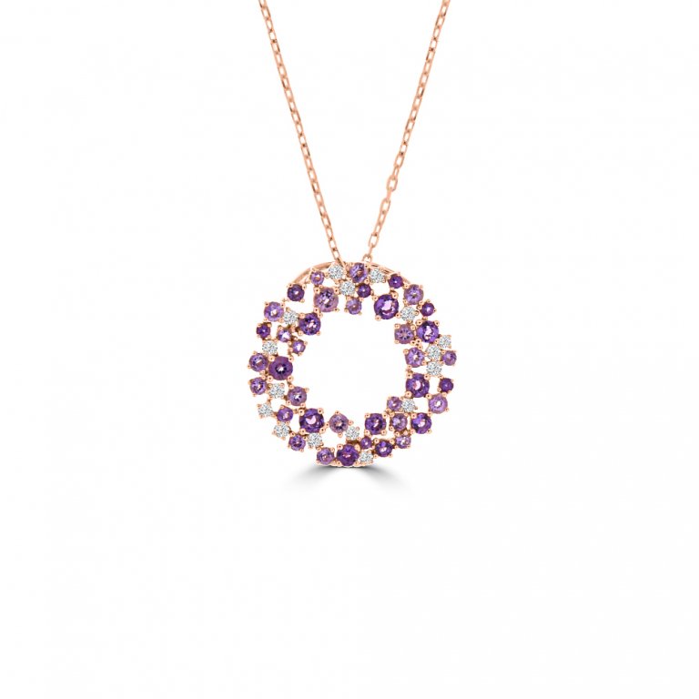 Amethyst Diamond Sprinkle Cluster Open Circle Pendant with Chain in 18K Rose Gold