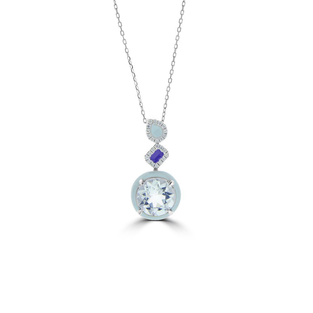 Aquamarine Diamond Enamel Geometric Drop Pendant with Chain