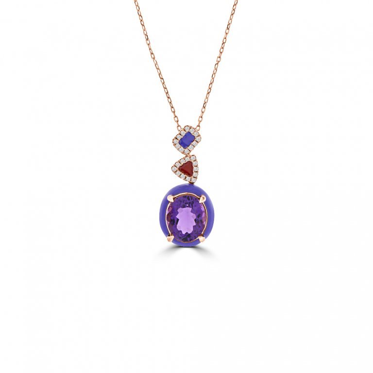 Amethyst Diamond Enamel Geometric Drop Pendant with Chain in 14K Rose Gold