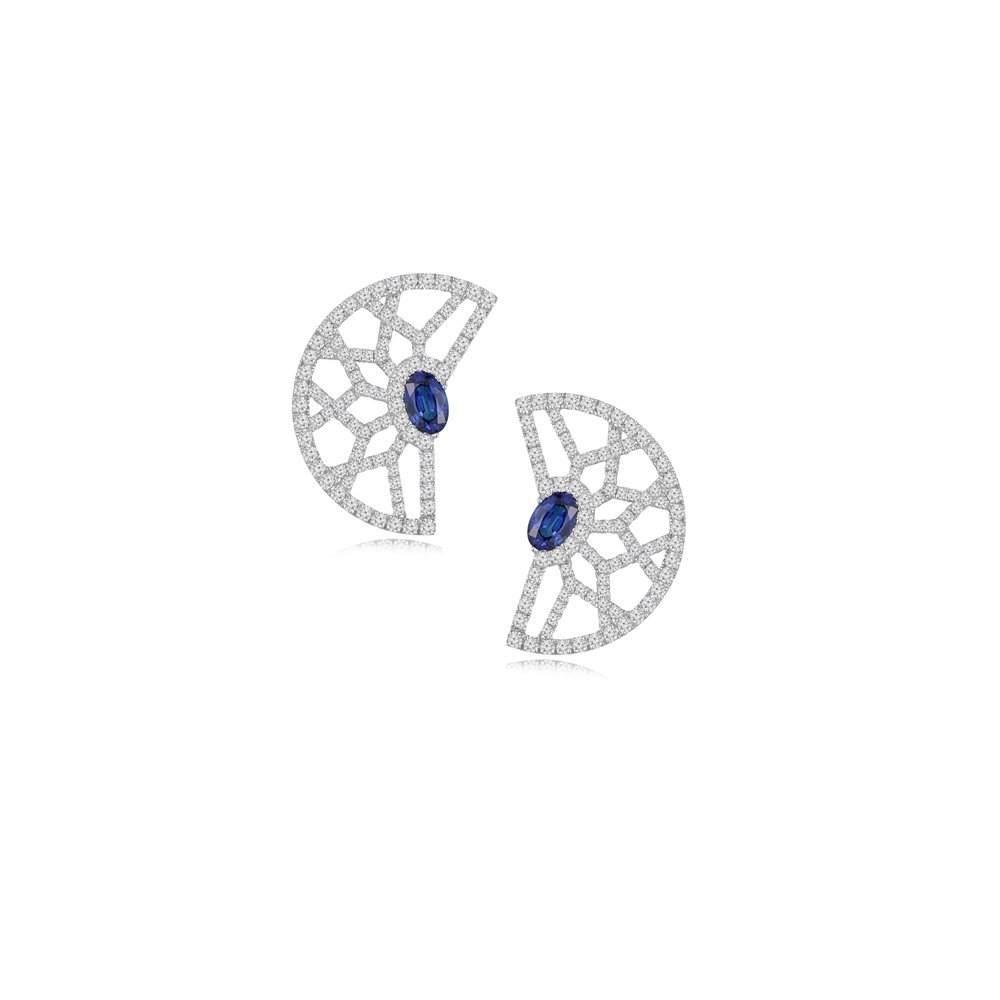 Sapphire Diamond Crescent Earrings in 18K White Gold