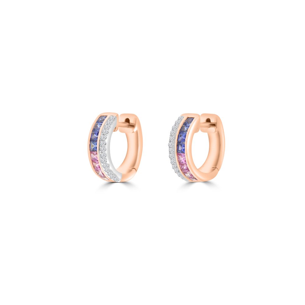 Rainbow Sapphire Diamond Huggie Earrings 18K White Gold, 18K Rose Gold