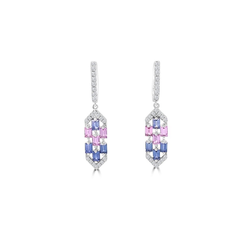 Rainbow Sapphire Diamond Drop Earrings 18K White Gold
