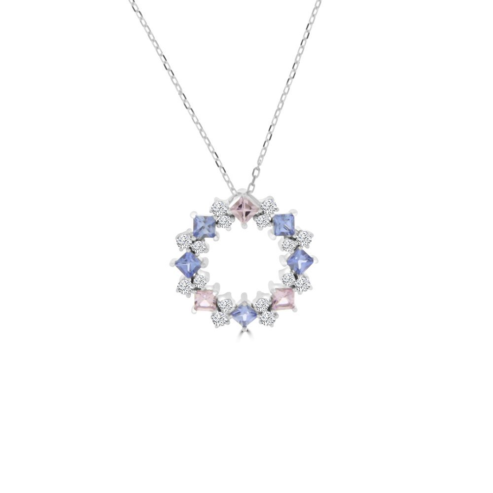Rainbow Sapphire Diamond Open Circle Pendant with Chain