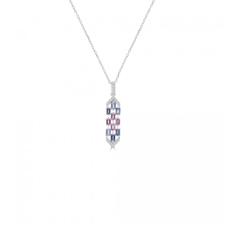 Rainbow Sapphire Diamond Drop Pendant with Chain in 18K White Gold
