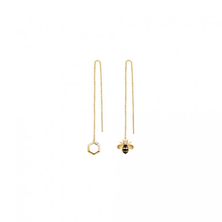 Diamond Honeycomb Enamel Honeybee Drop Earrings in 18K Yellow Gold