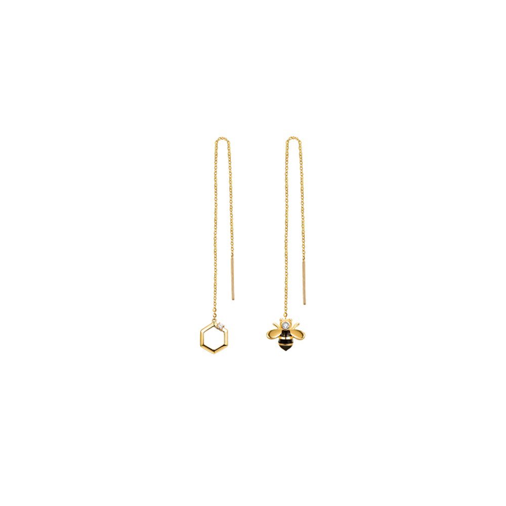 Diamond Honeycomb Enamel Honeybee Drop Earrings