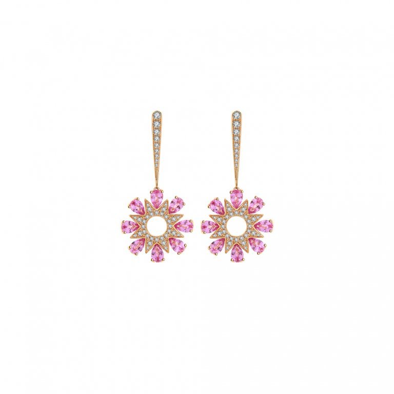 Pink Sapphire Diamond Firework Fancy Circle Drop Earrings in 18K Rose Gold