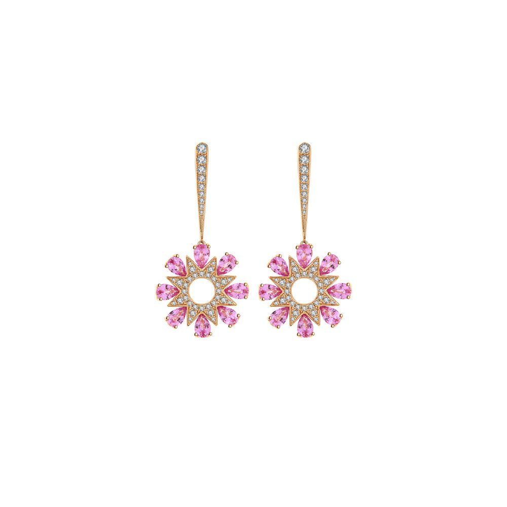 Pink Sapphire Diamond Firework Fancy Circle Drop Earrings