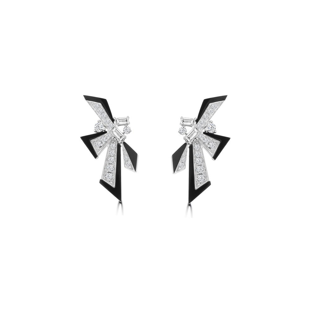 Black Agate Diamond Geometric Drop Earrings in 18K White Gold