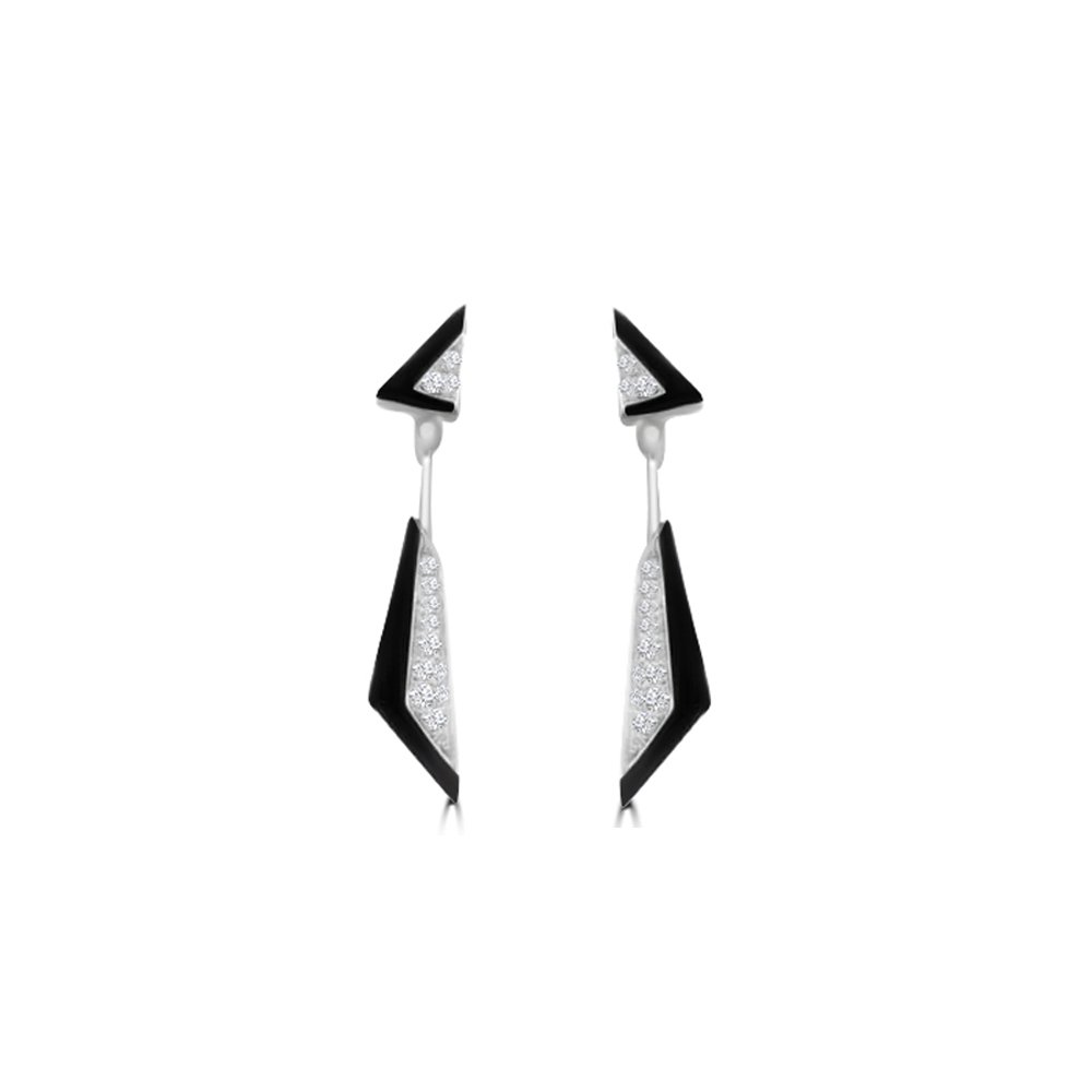 Black Agate Diamond Geometric Drop Earrings in 18K White Gold