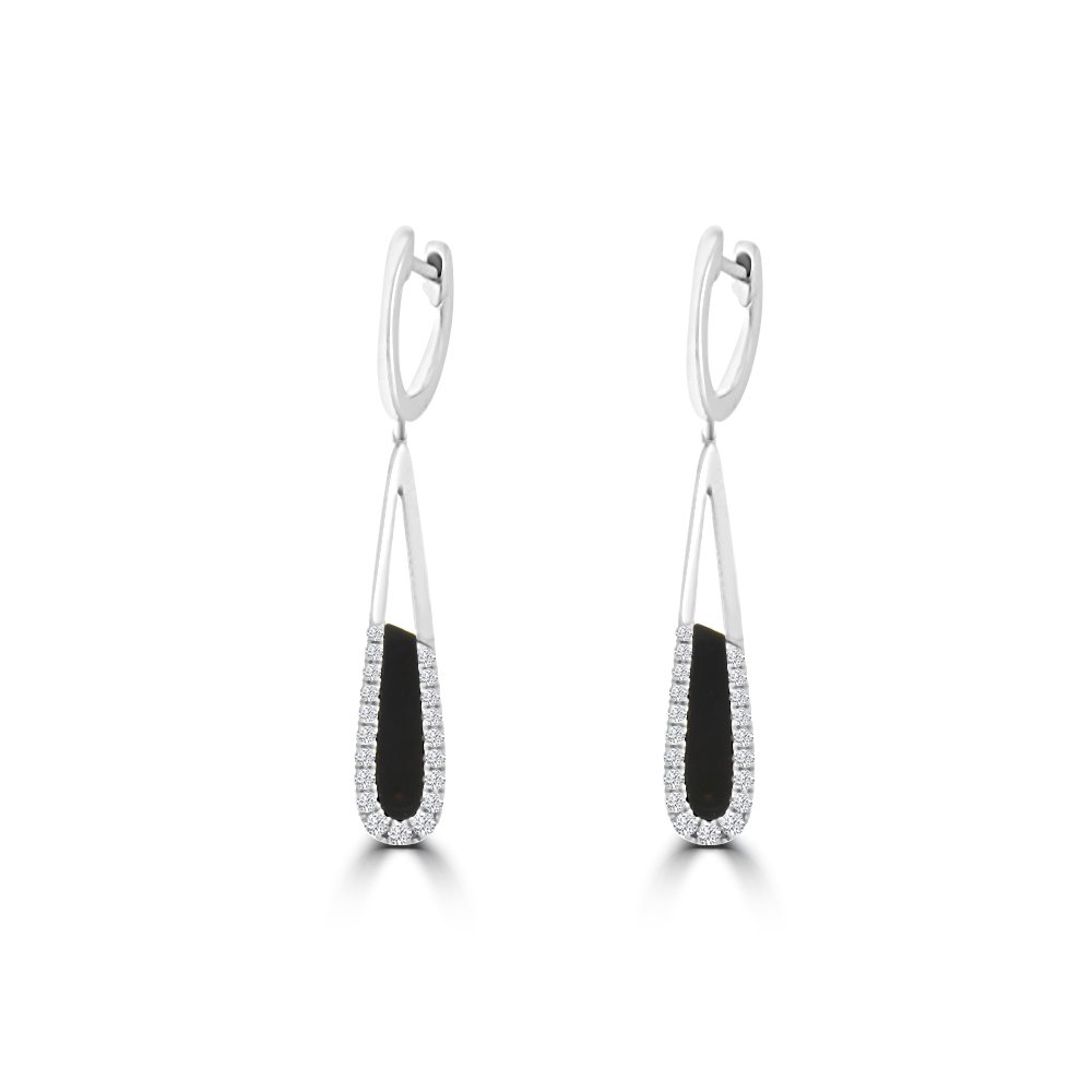Black Agate Diamond Huggie Drop Earrings