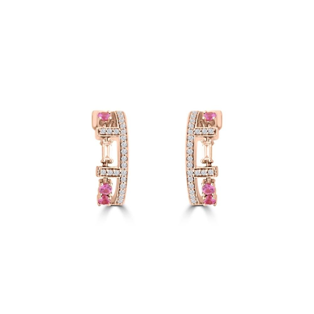 Pink Sapphire Diamond Half Huggie Earrings in 18K Rose Gold
