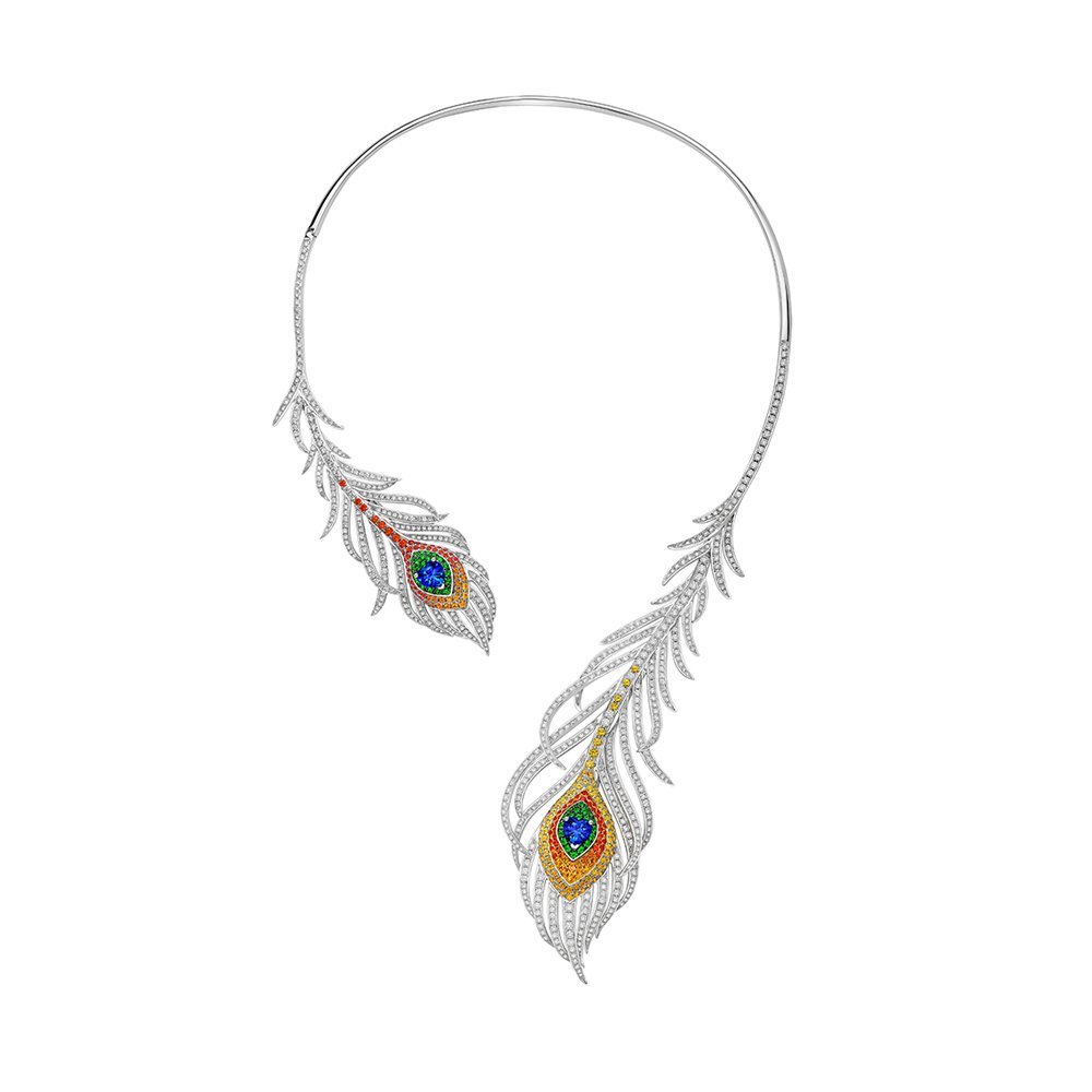 Rainbow Sapphire Diamond Peacock Feather Necklace