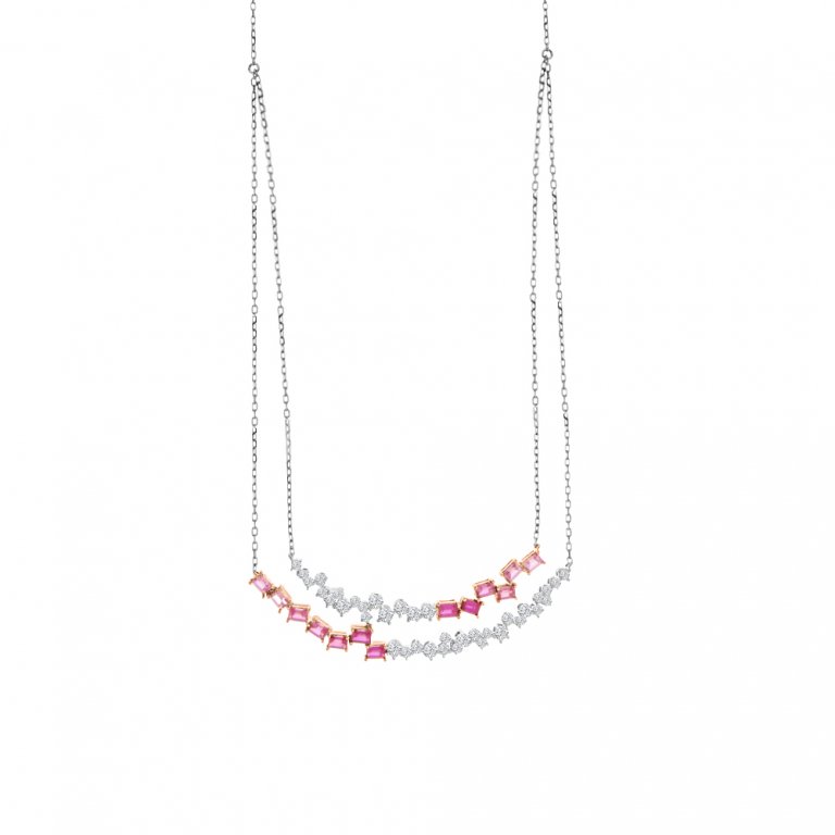 Ombré Pink Sapphire Ruby Diamond Curve Necklace in 18K White Gold, 18K Rose Gold