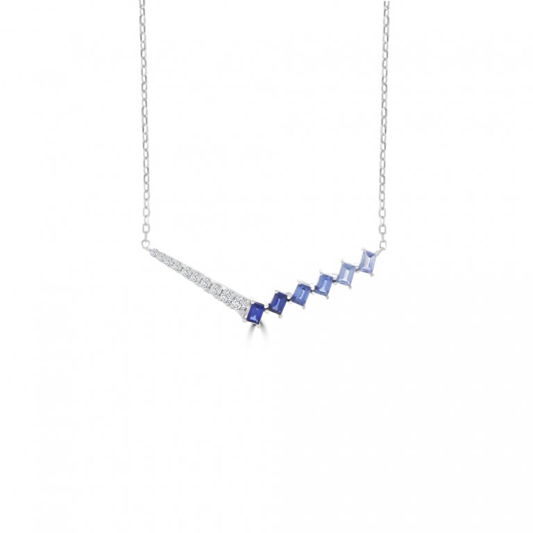 Ombré Sapphire Diamond V Necklace in 18K White Gold