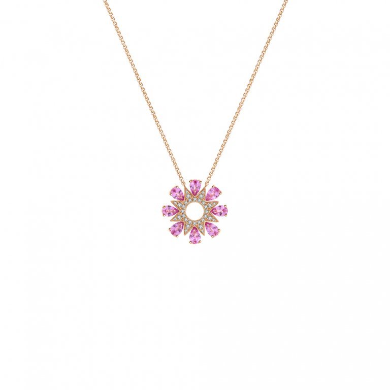 Pink Sapphire Diamond Firework Fancy Circle Pendant with Chain in 18K Rose Gold