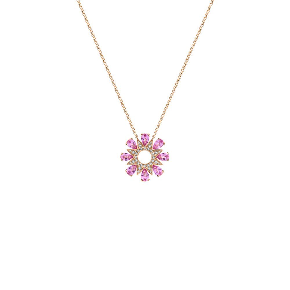 Pink Sapphire Diamond Firework Fancy Circle Pendant with Chain