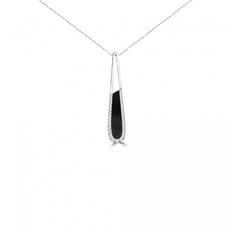 Black Agate Diamond Drop Pendant with Chain in 18K White Gold