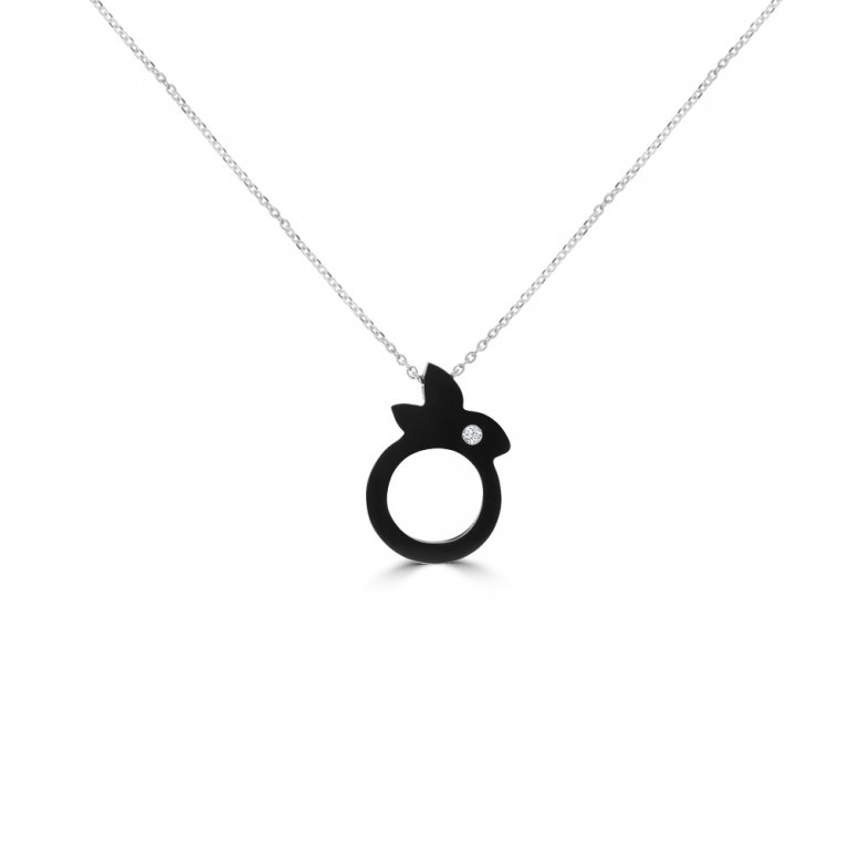 Black Agate Diamond Bunny Pendant with Chain in 18K White Gold