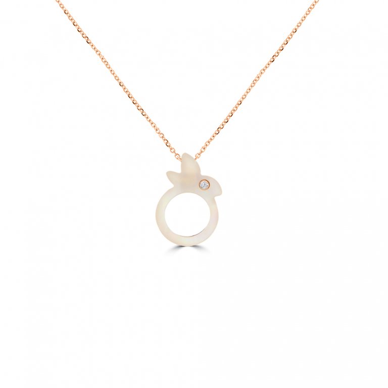 Pink Mother of Pearl Diamond Bunny Pendant with Chain in 18K Rose Gold