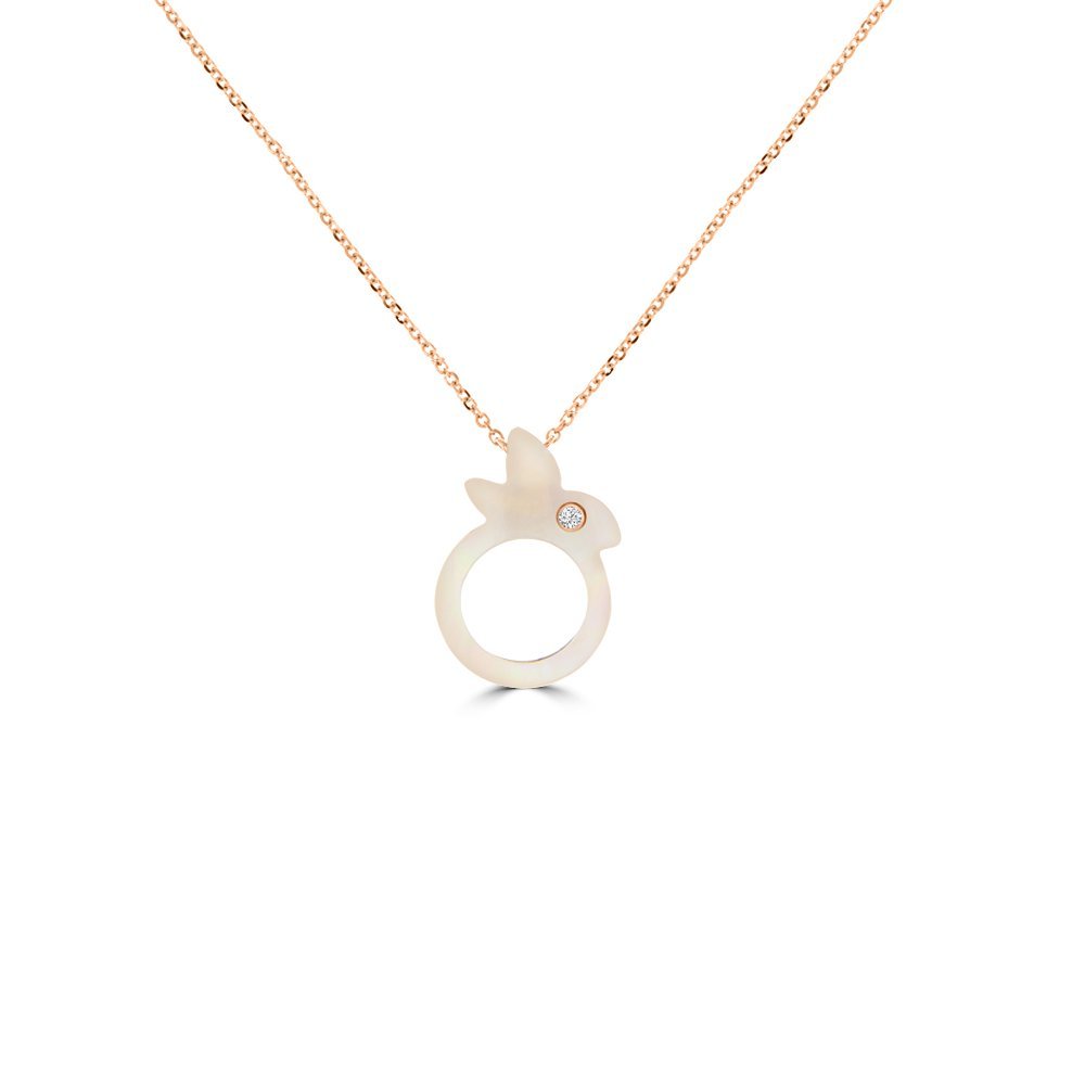 Pink Mother of Pearl Diamond Bunny Pendant with Chain in 18K Rose Gold