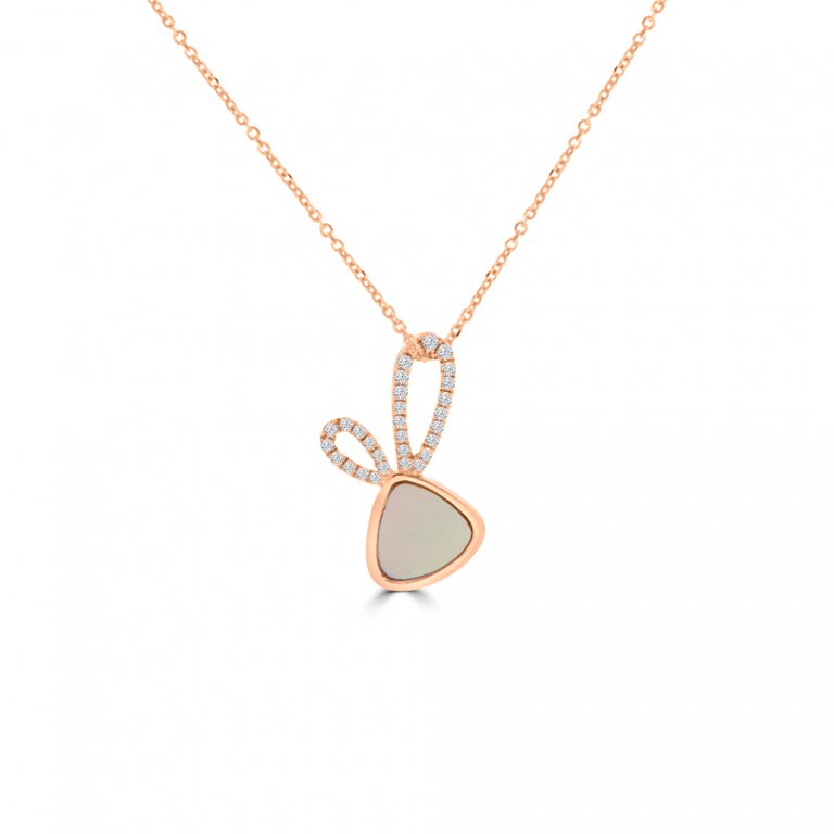 Pink Mother of Pearl Diamond Bunny Pendant with Chain in 18K Rose Gold