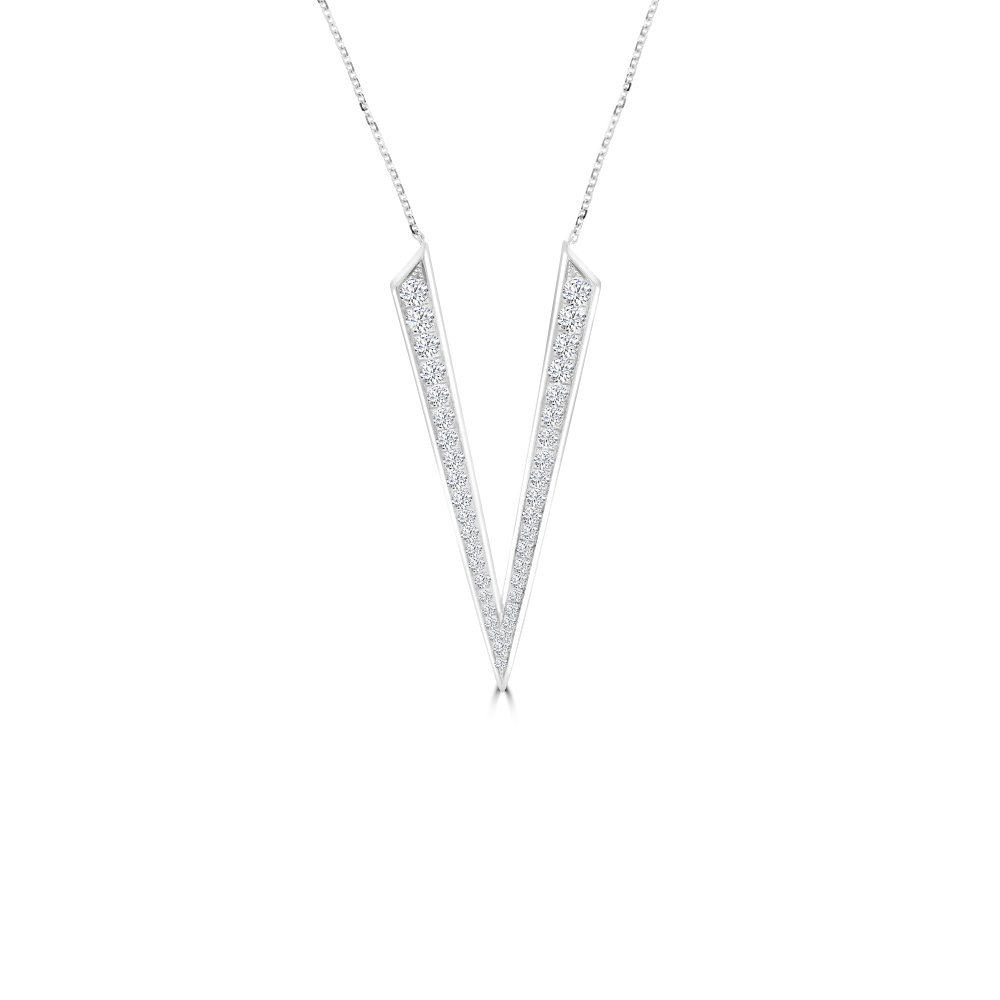 Diamond Pavé V-Shaped Pendant with Chain in 18K White Gold