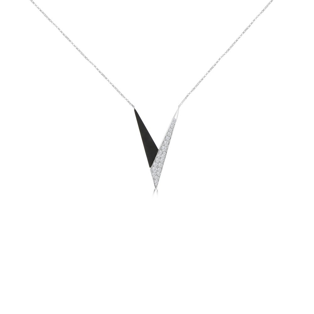 Black Agate Diamond V-Shaped Pendant with Chain in 18K White Gold