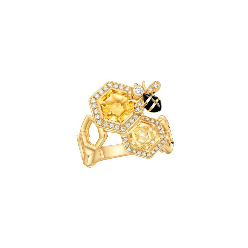 Citrine Diamond Honeycomb Enamel Honeybee Ring