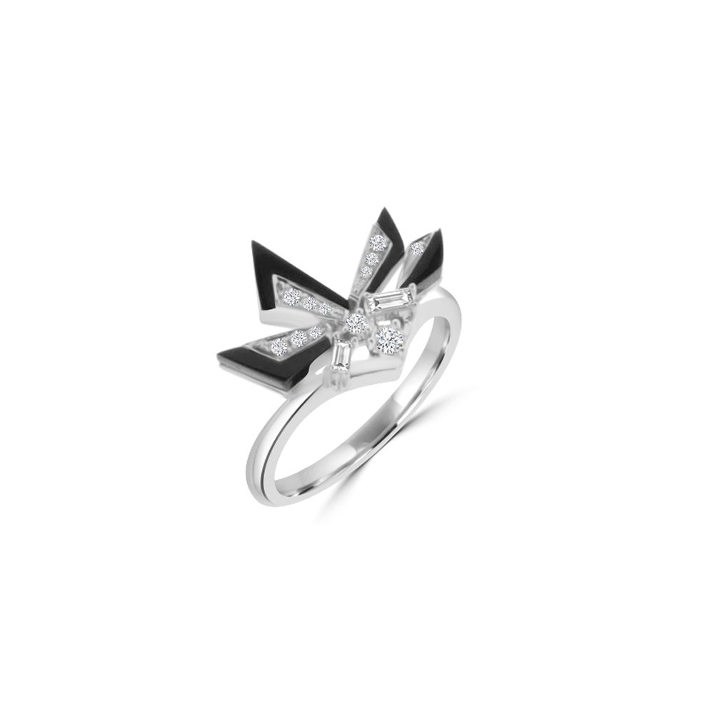 Black Agate Diamond Geometric Ring