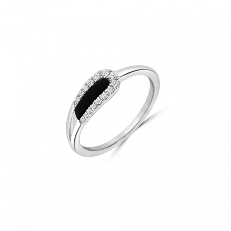 Black Agate Diamond Teardrop Ring in 18K White Gold