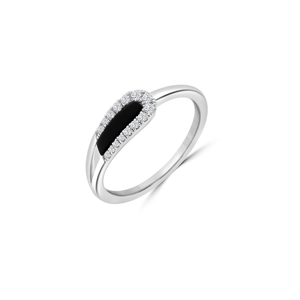 Black Agate Diamond Teardrop Ring in 18K White Gold