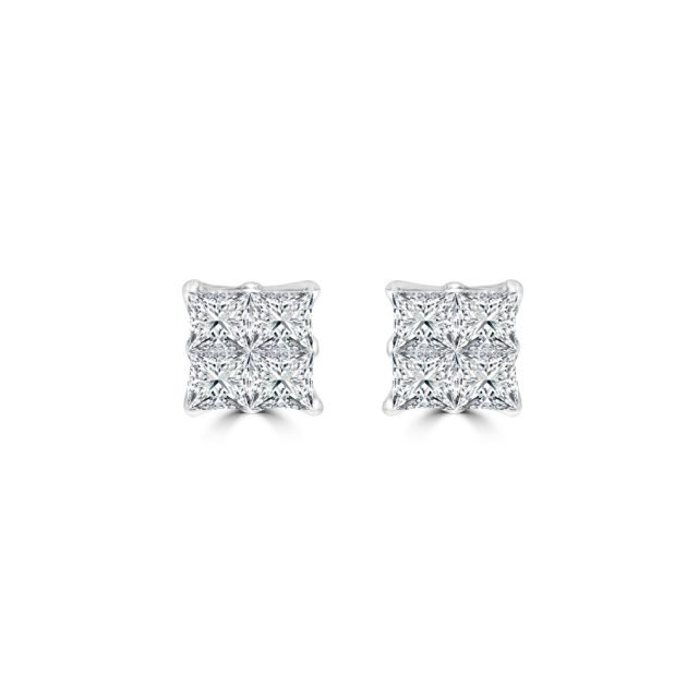 Wholesale Fine Jewellery 8 Diamond Princess Cut Cluster Stud Earrings (M) in 18K White Gold