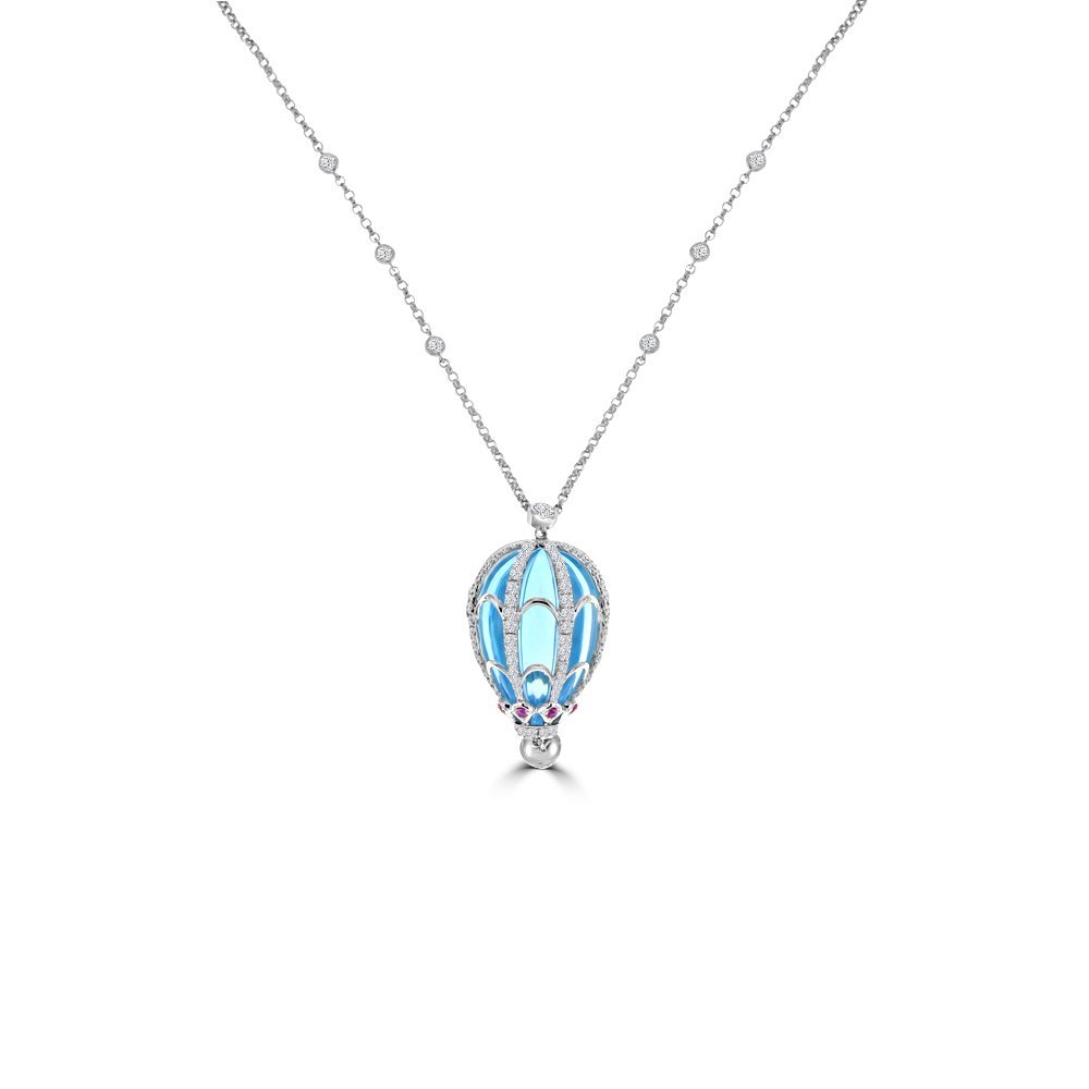 Blue Topaz Pink Sapphire Diamond Hot Air Balloon Pendant with Chain in 18K White Gold