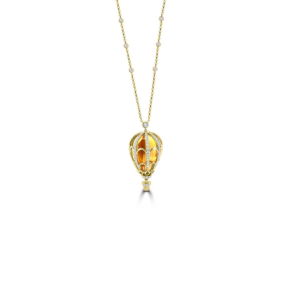Citrine Orange Sapphire Diamond Hot Air Balloon Pendant with Chain in 18K Yellow Gold