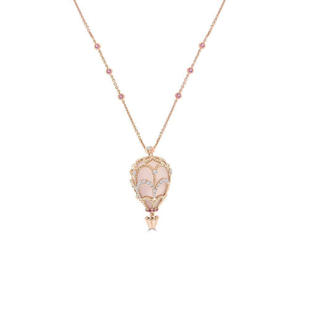 Rose Quartz Pink Sapphire Diamond Hot Air Balloon Pendant with Chain