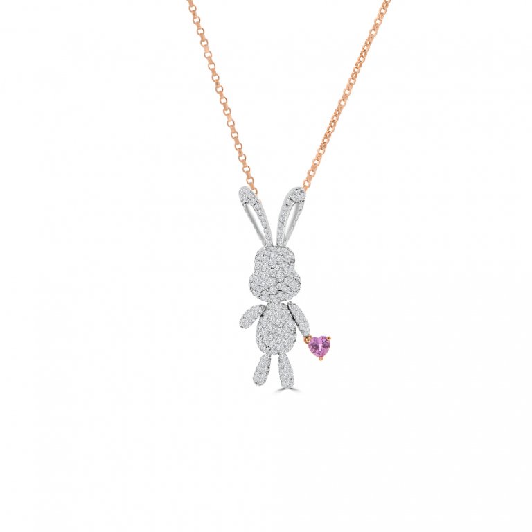 Pink Sapphire Diamond Bunny Pendant with Chain in 18K White Gold, 18K Rose Gold