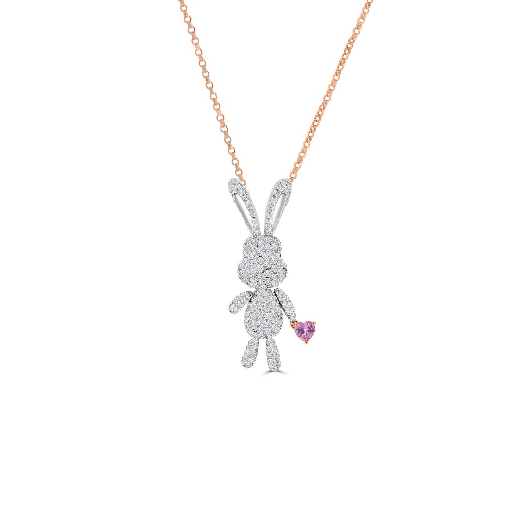 Pink Sapphire Diamond Bunny Pendant with Chain in 18K White Gold, 18K Rose Gold